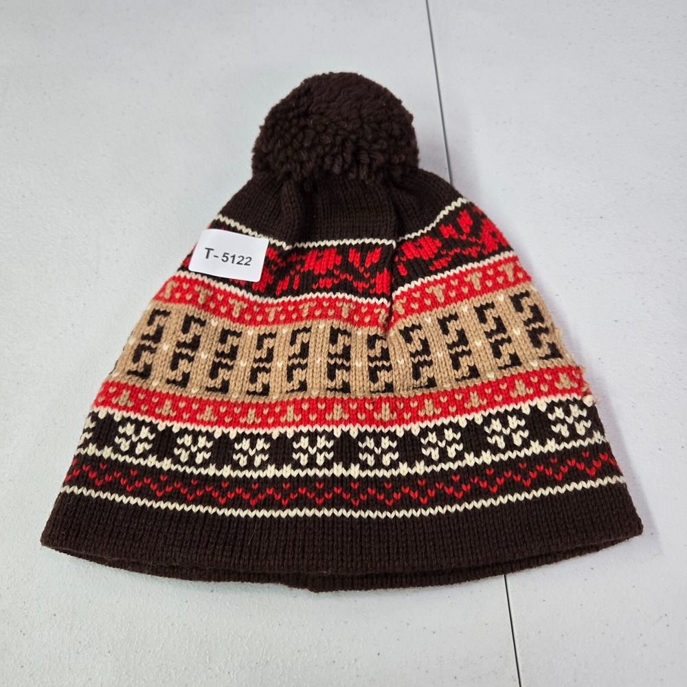 Andre Men Hat One Size Brown Fair Isle Beanie‎ Hand Made Wool Knit Pom Pom